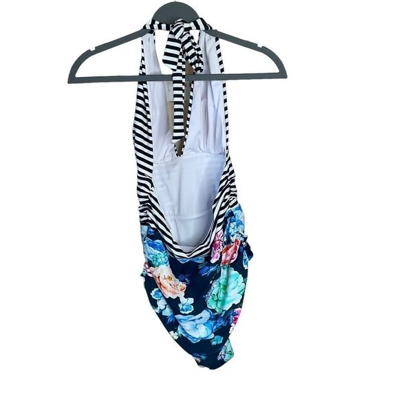 CUPSHE One-Piece Swim Suit Floral Stripes Deep V Halter Style Open Back Size L - Picture 7 of 14